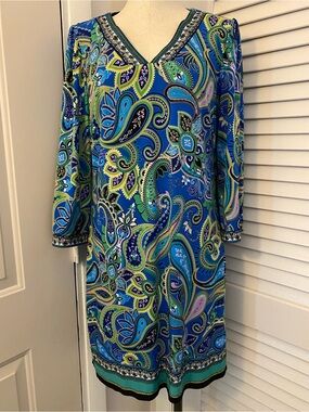 Laundry By Shelli Segal Blue and Green Paisley V-Neck Midi Dress- Size Medium